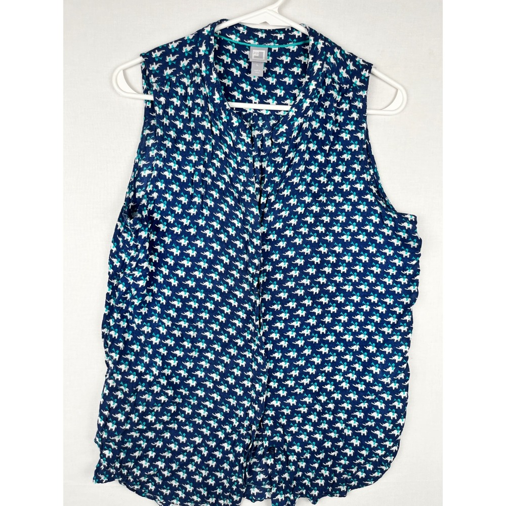JCP Elephant Print Sleeveless Blouse Women Large Navy Blue Rayon V-Neck Top